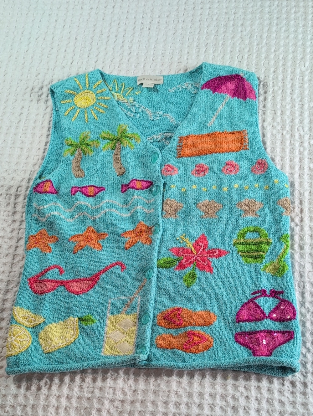 Northern Isles Vintage Women’s Turquoise Beach Motif Knit Vest Size S